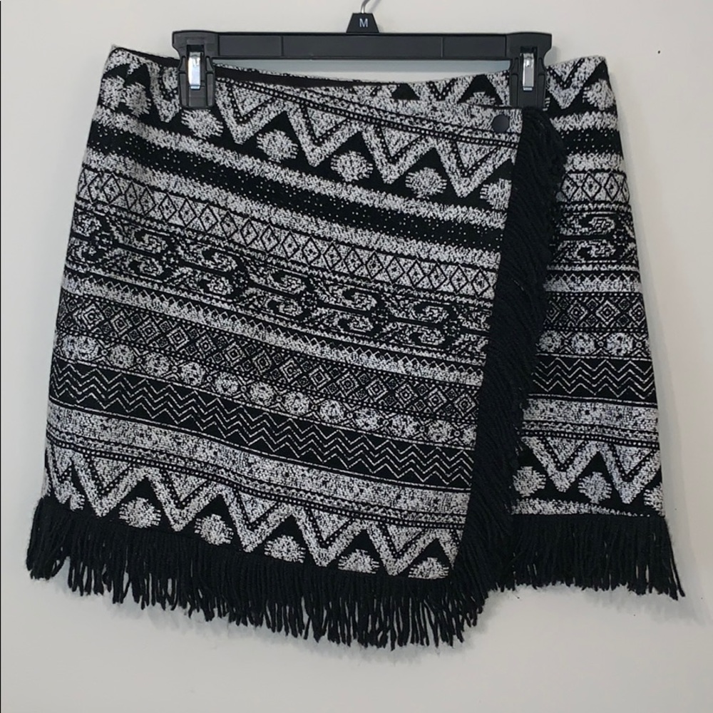 Tribal Printed Wrap Skirt w/ Black Fringe Detail